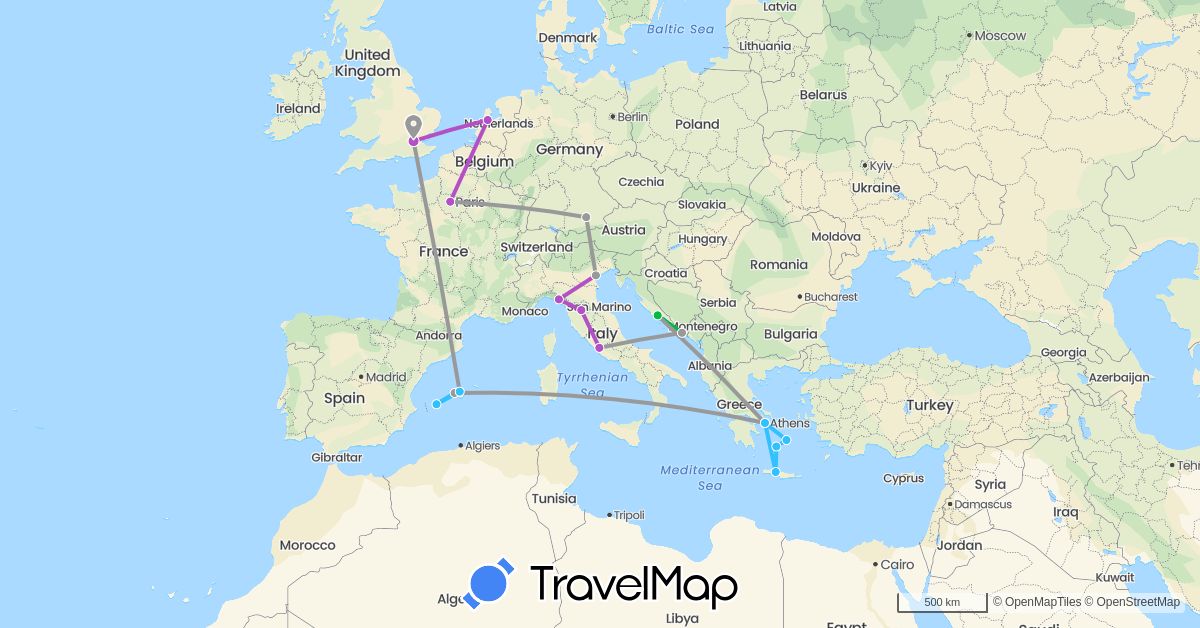 TravelMap itinerary: driving, bus, plane, train, boat in Germany, Spain, France, United Kingdom, Greece, Croatia, Italy, Netherlands (Europe)